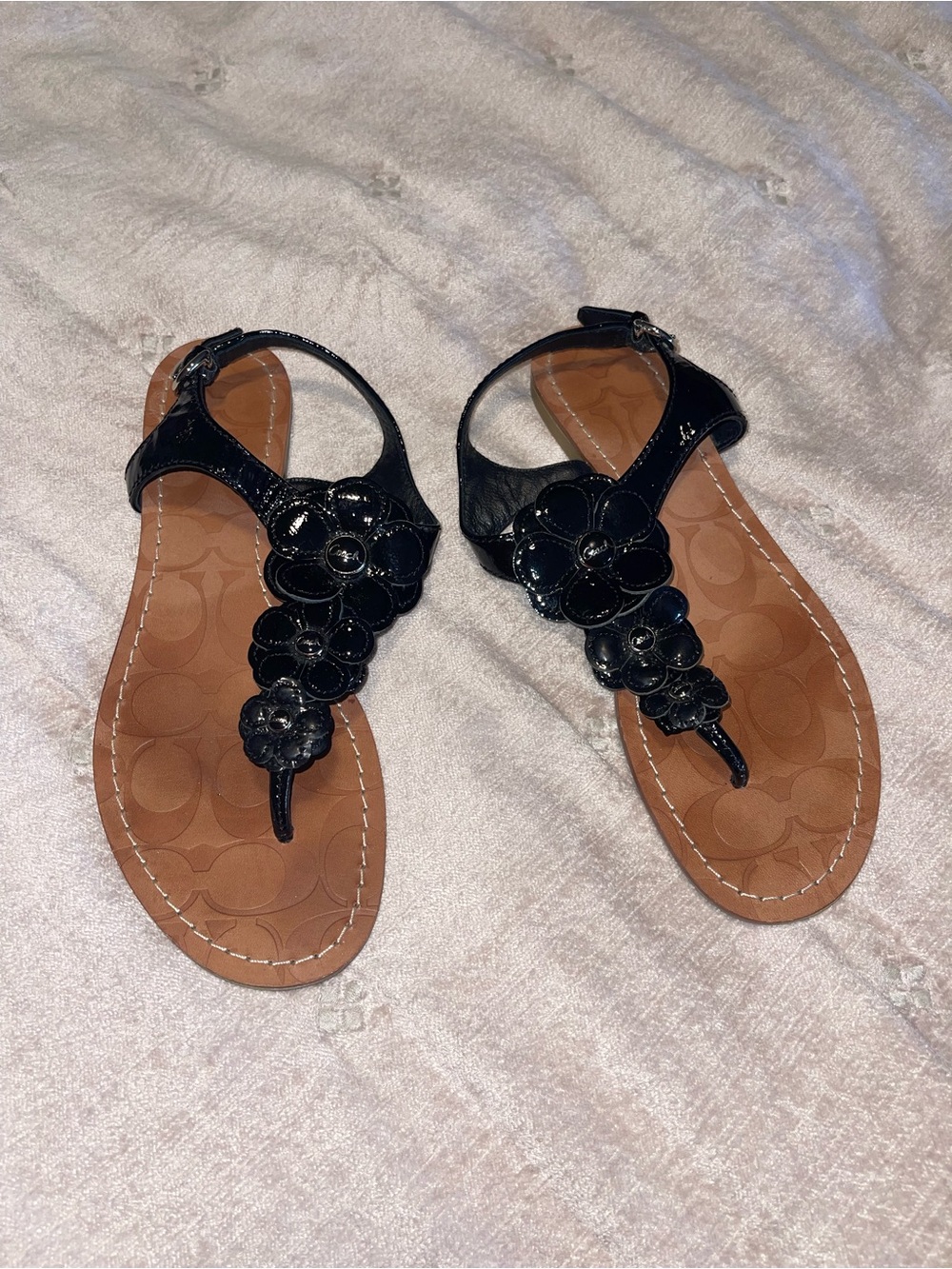 Coach Black Patent Leather Floral T-Strap Sandals